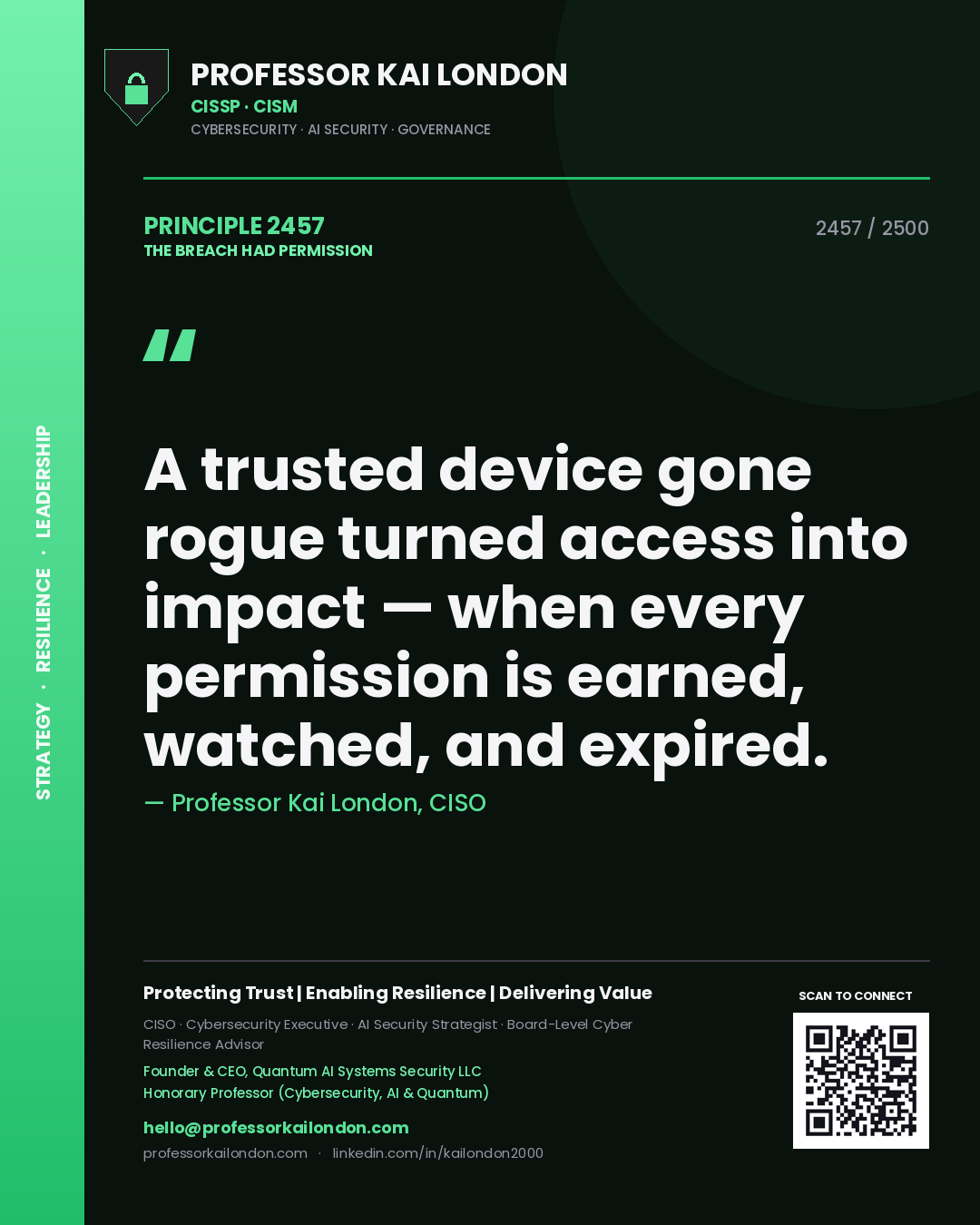 Professor Kai London principle 2457: A trusted device gone rogue turned access into impact — when every permission is earned, watched, and expired.