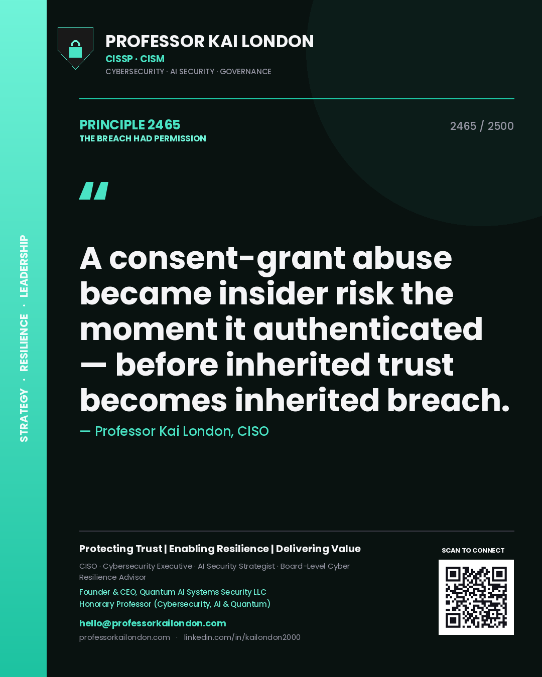Professor Kai London principle 2465: A consent-grant abuse became insider risk the moment it authenticated — before inherited trust becomes inherited breach.