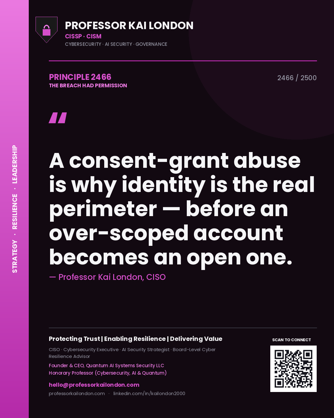 Quote card by Professor Kai London reading 'A consent-grant abuse is why identity is the real perimeter — before an over-scoped account becomes an open one.'. From the book The Breach Had Permission.