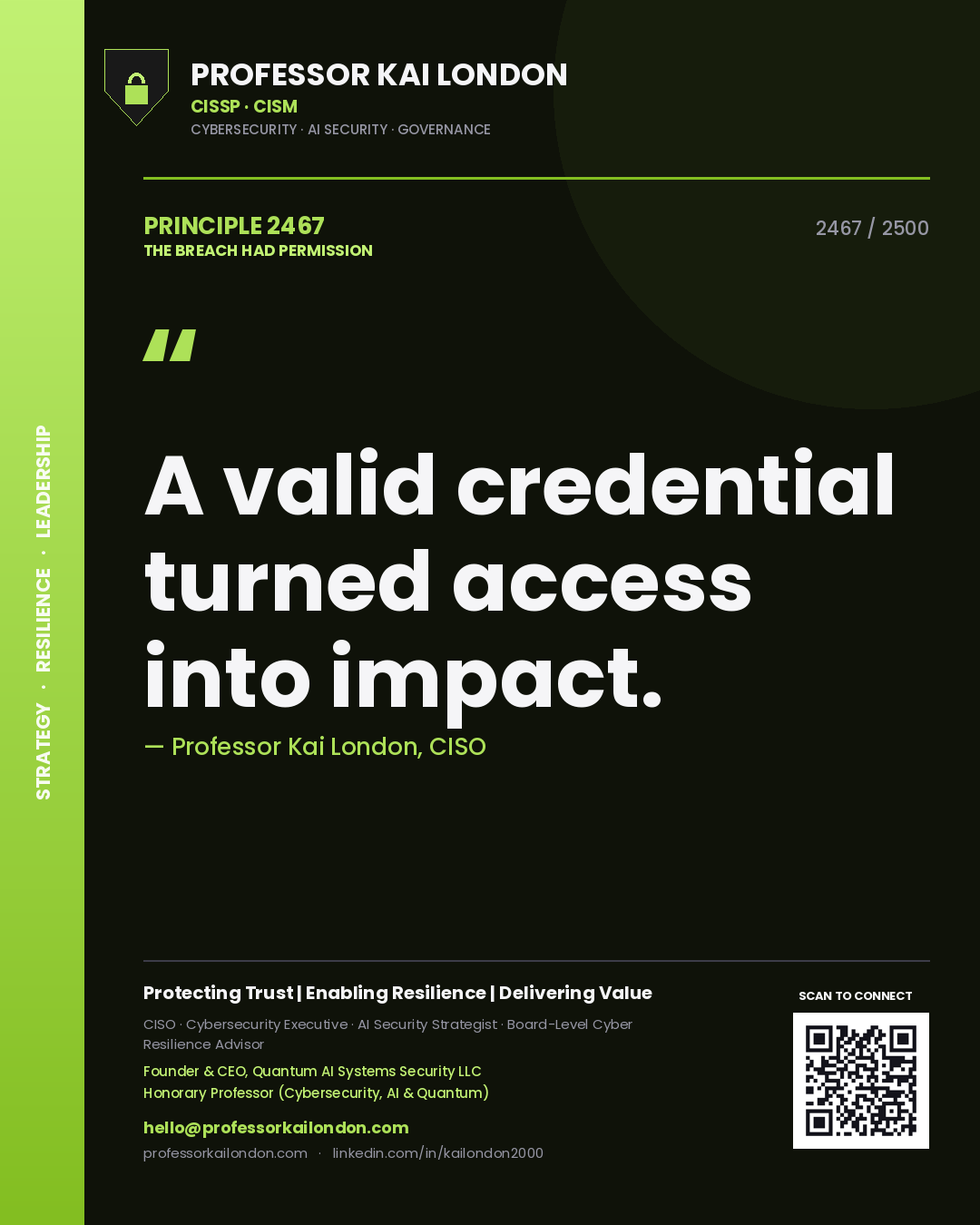 Quote card by Professor Kai London reading 'A valid credential turned access into impact.'. From the book The Breach Had Permission.