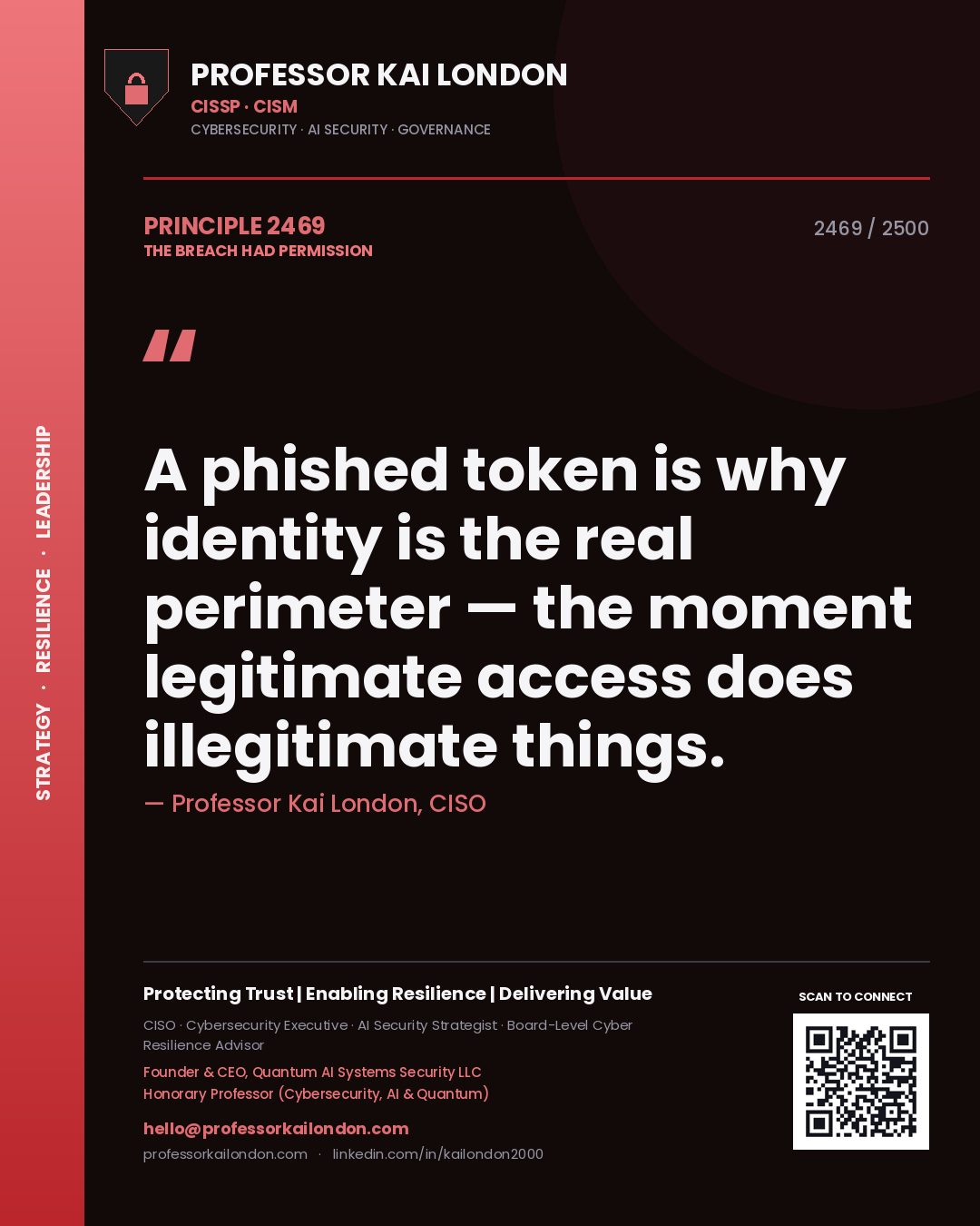 Professor Kai London principle 2469: A phished token is why identity is the real perimeter — the moment legitimate access does illegitimate things.