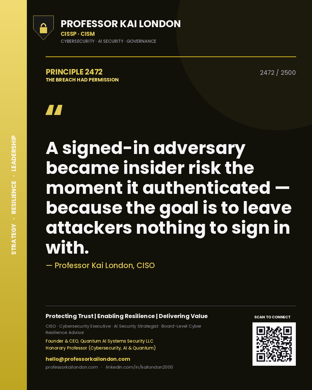 Professor Kai London principle 2472: A signed-in adversary became insider risk the moment it authenticated — because the goal is to leave attackers nothing to sign in with.