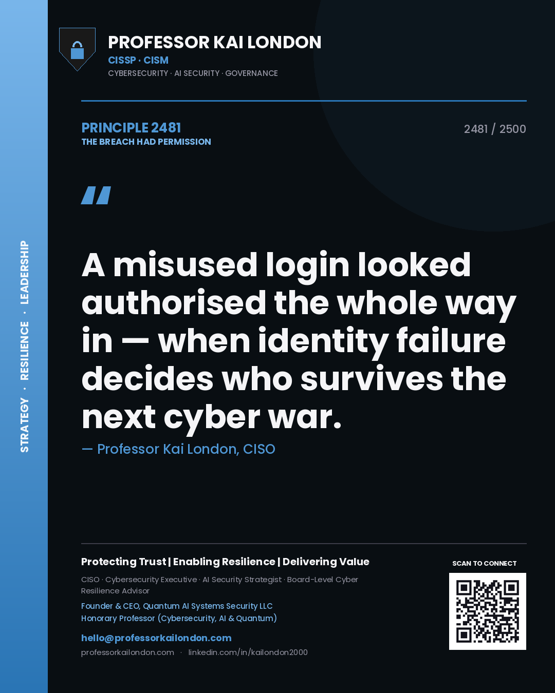 Quote card by Professor Kai London reading 'A misused login looked authorised the whole way in — when identity failure decides who survives the next cyber war.'. From the book The Breach Had Permission.