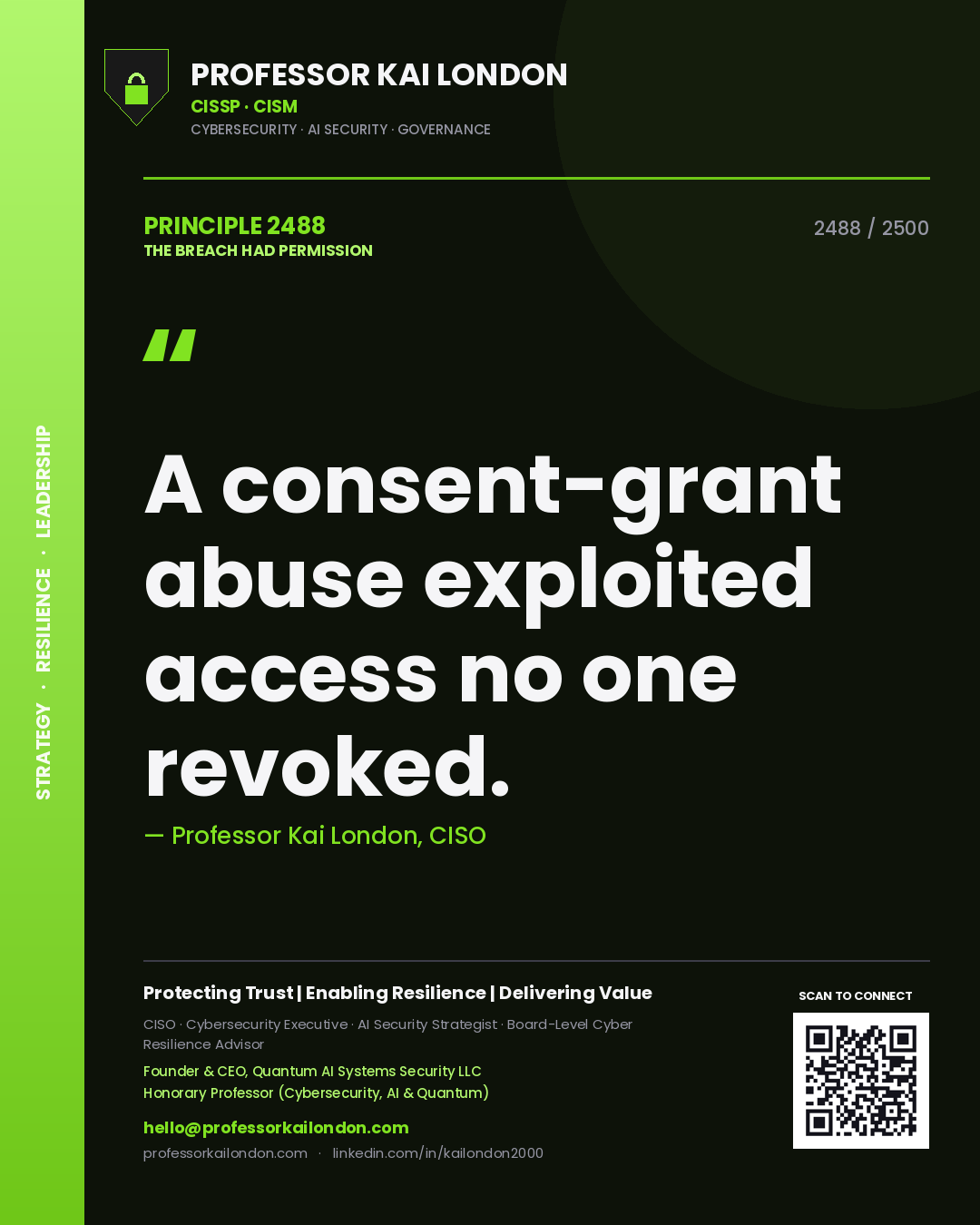 Quote card by Professor Kai London reading 'A consent-grant abuse exploited access no one revoked.'. From the book The Breach Had Permission.