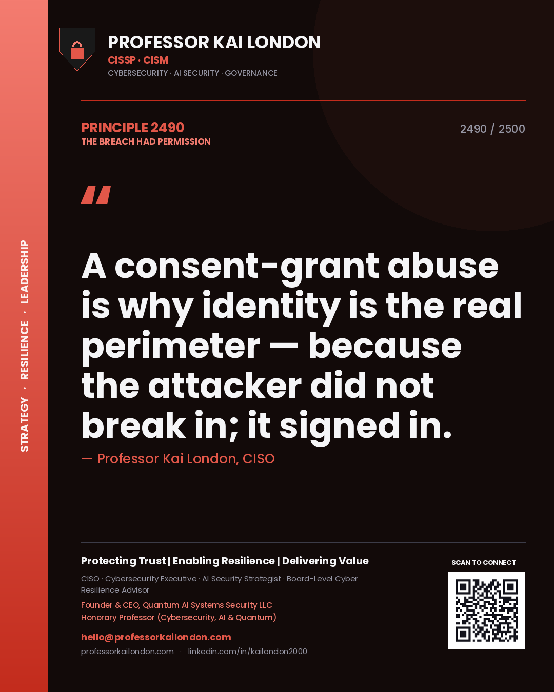 Quote card by Professor Kai London reading 'A consent-grant abuse is why identity is the real perimeter — because the attacker did not break in; it signed in.'. From the book The Breach Had Permission.