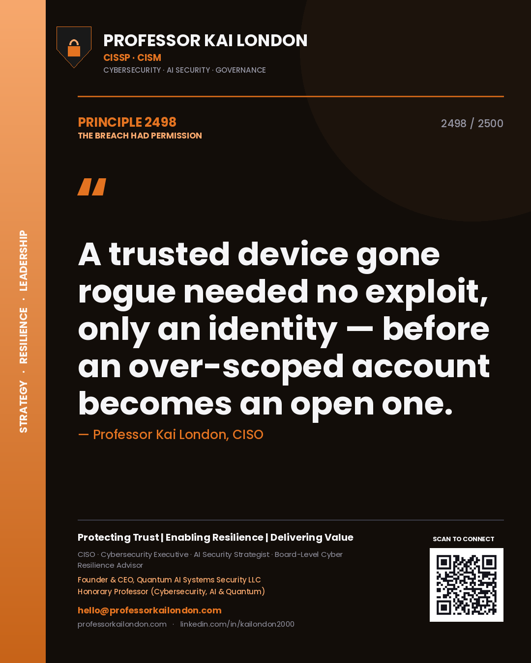 Quote card by Professor Kai London reading 'A trusted device gone rogue needed no exploit, only an identity — before an over-scoped account becomes an open one.'. From the book The Breach Had Permission.