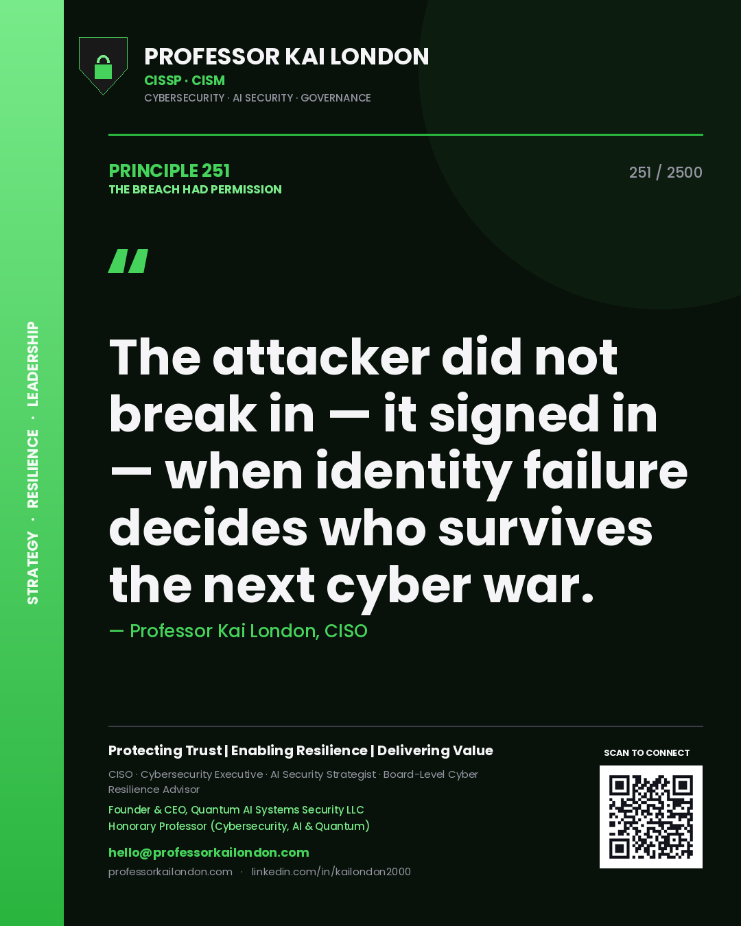 Quote card by Professor Kai London reading 'The attacker did not break in — it signed in — when identity failure decides who survives the next cyber war.'. From the book The Breach Had Permission.