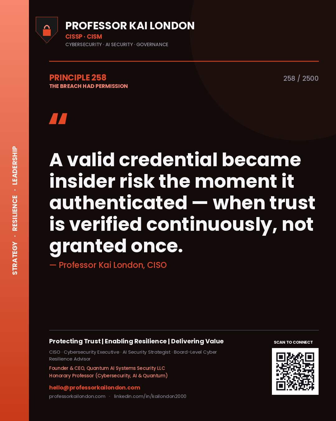 Quote card by Professor Kai London reading 'A valid credential became insider risk the moment it authenticated — when trust is verified continuously, not granted once.'. From the book The Breach Had Permission.