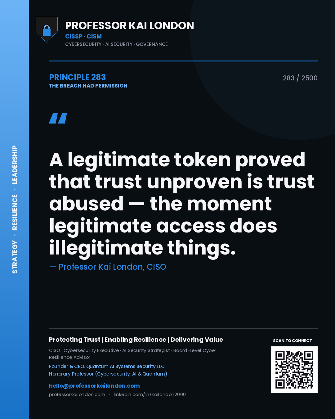 Professor Kai London principle 283: A legitimate token proved that trust unproven is trust abused — the moment legitimate access does illegitimate things.