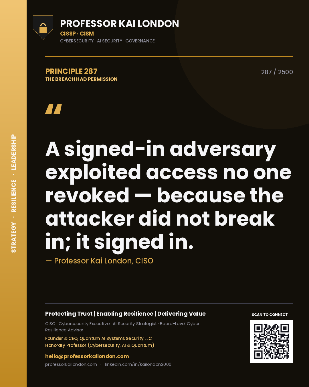 Quote card by Professor Kai London reading 'A signed-in adversary exploited access no one revoked — because the attacker did not break in; it signed in.'. From the book The Breach Had Permission.
