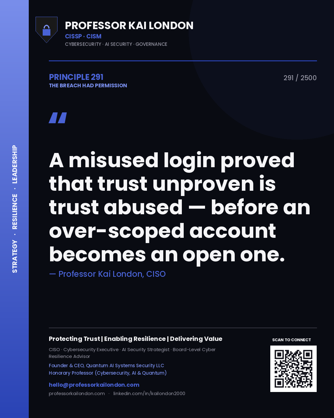 Quote card by Professor Kai London reading 'A misused login proved that trust unproven is trust abused — before an over-scoped account becomes an open one.'. From the book The Breach Had Permission.