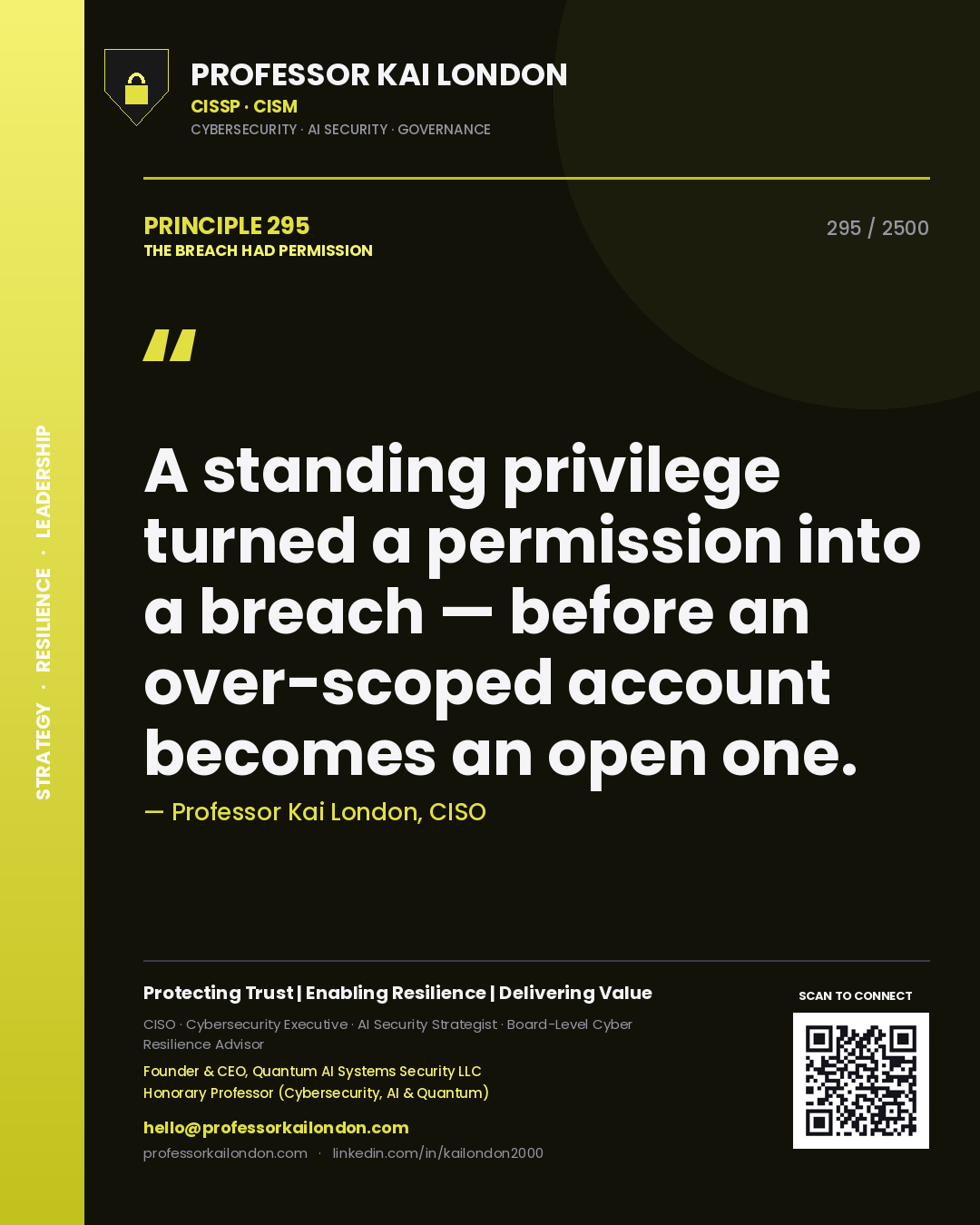 Quote card by Professor Kai London reading 'A standing privilege turned a permission into a breach — before an over-scoped account becomes an open one.'. From the book The Breach Had Permission.