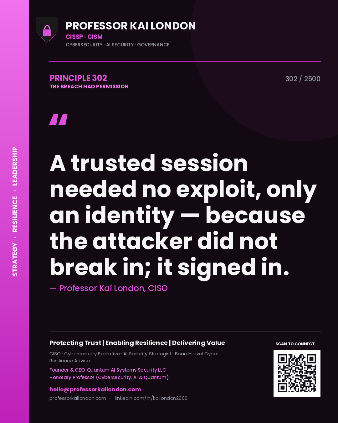 Quote card by Professor Kai London reading 'A trusted session needed no exploit, only an identity — because the attacker did not break in; it signed in.'. From the book The Breach Had Permission.