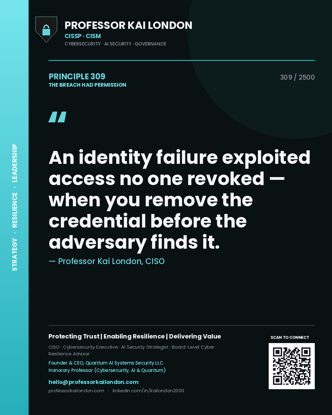 Quote card by Professor Kai London reading 'An identity failure exploited access no one revoked — when you remove the credential before the adversary finds it.'. From the book The Breach Had Permission.