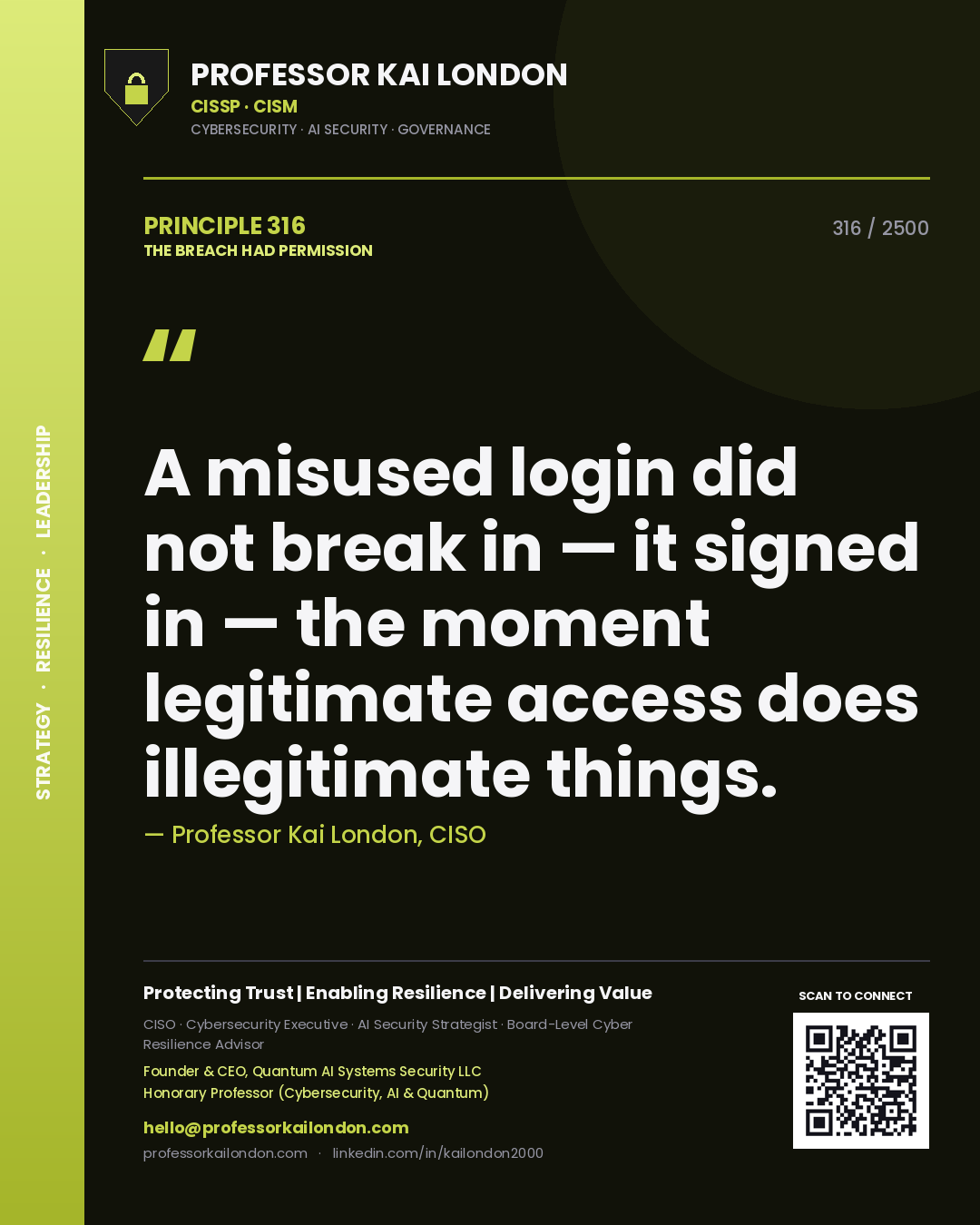 Quote card by Professor Kai London reading 'A misused login did not break in — it signed in — the moment legitimate access does illegitimate things.'. From the book The Breach Had Permission.