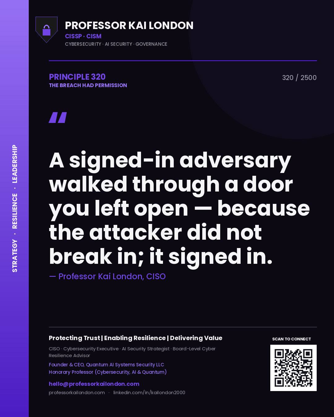 Quote card by Professor Kai London reading 'A signed-in adversary walked through a door you left open — because the attacker did not break in; it signed in.'. From the book The Breach Had Permission.