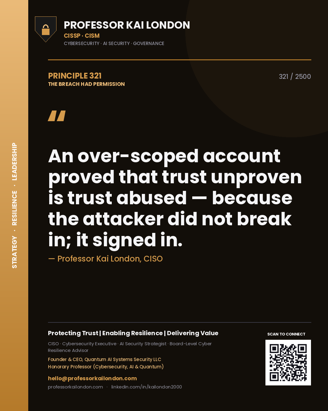 Professor Kai London principle 321: An over-scoped account proved that trust unproven is trust abused — because the attacker did not break in; it signed in.