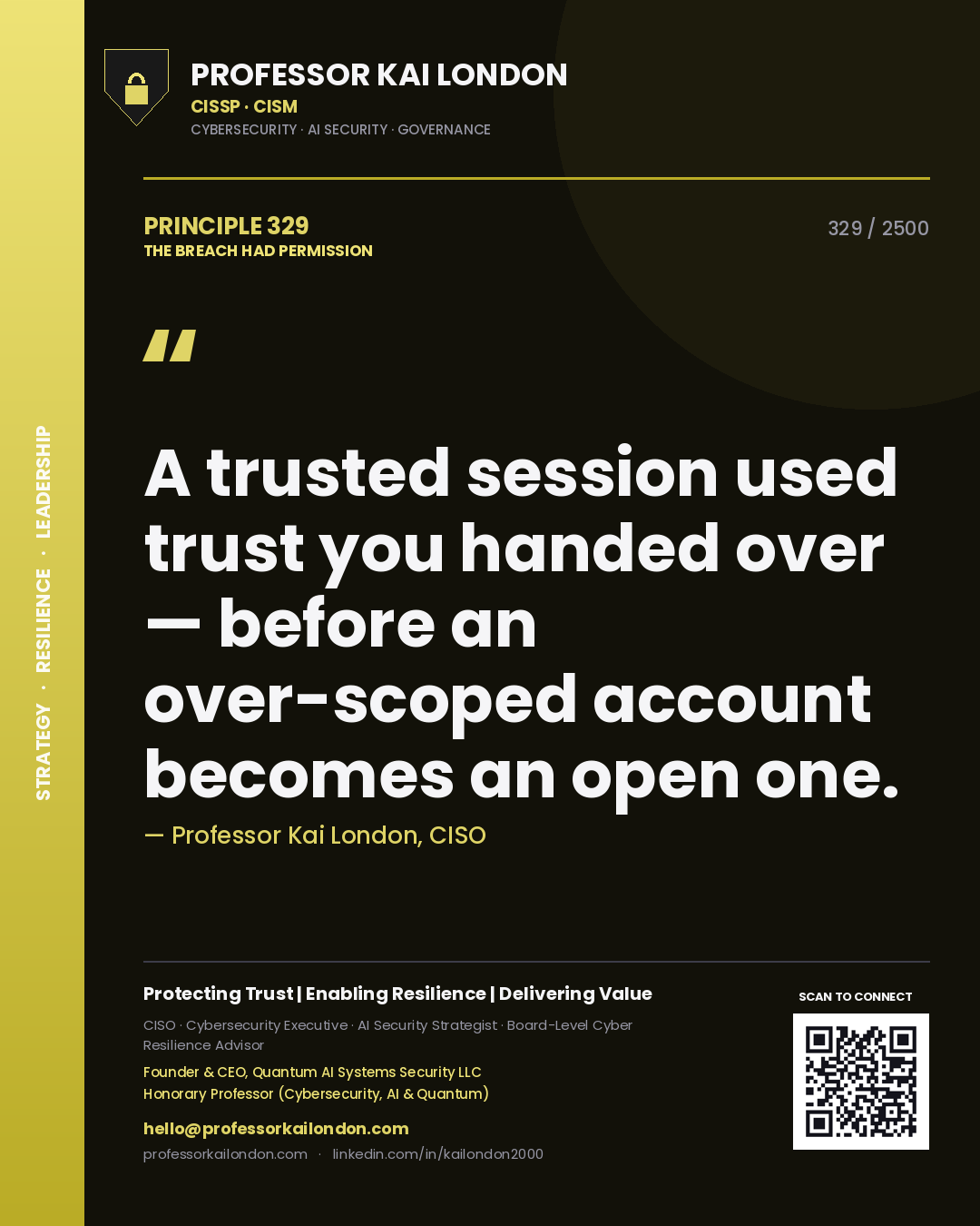 Quote card by Professor Kai London reading 'A trusted session used trust you handed over — before an over-scoped account becomes an open one.'. From the book The Breach Had Permission.