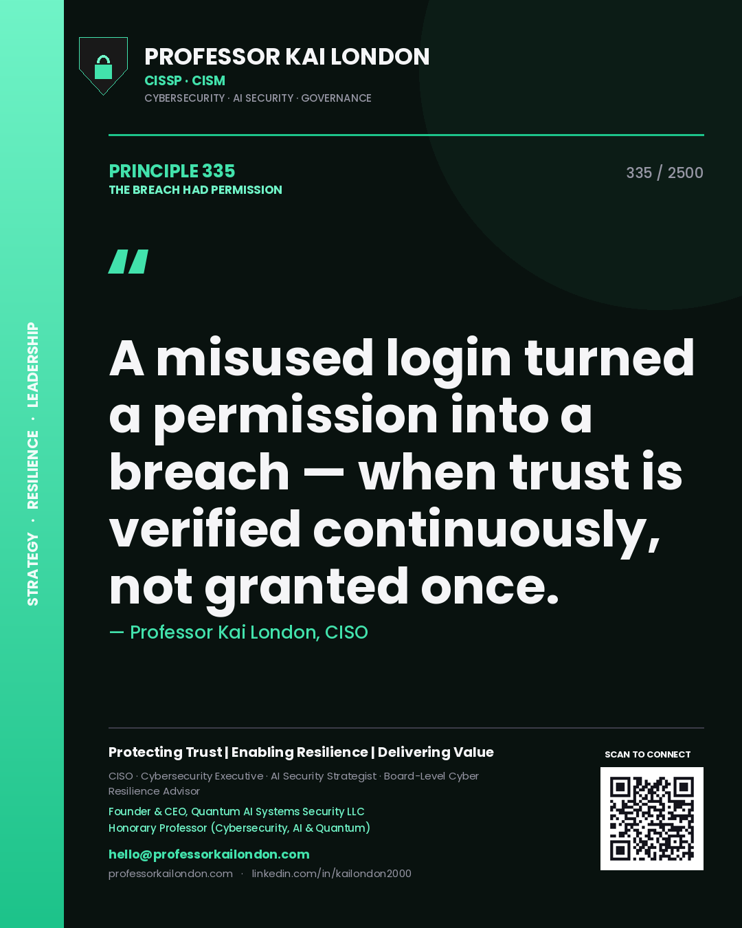 Quote card by Professor Kai London reading 'A misused login turned a permission into a breach — when trust is verified continuously, not granted once.'. From the book The Breach Had Permission.