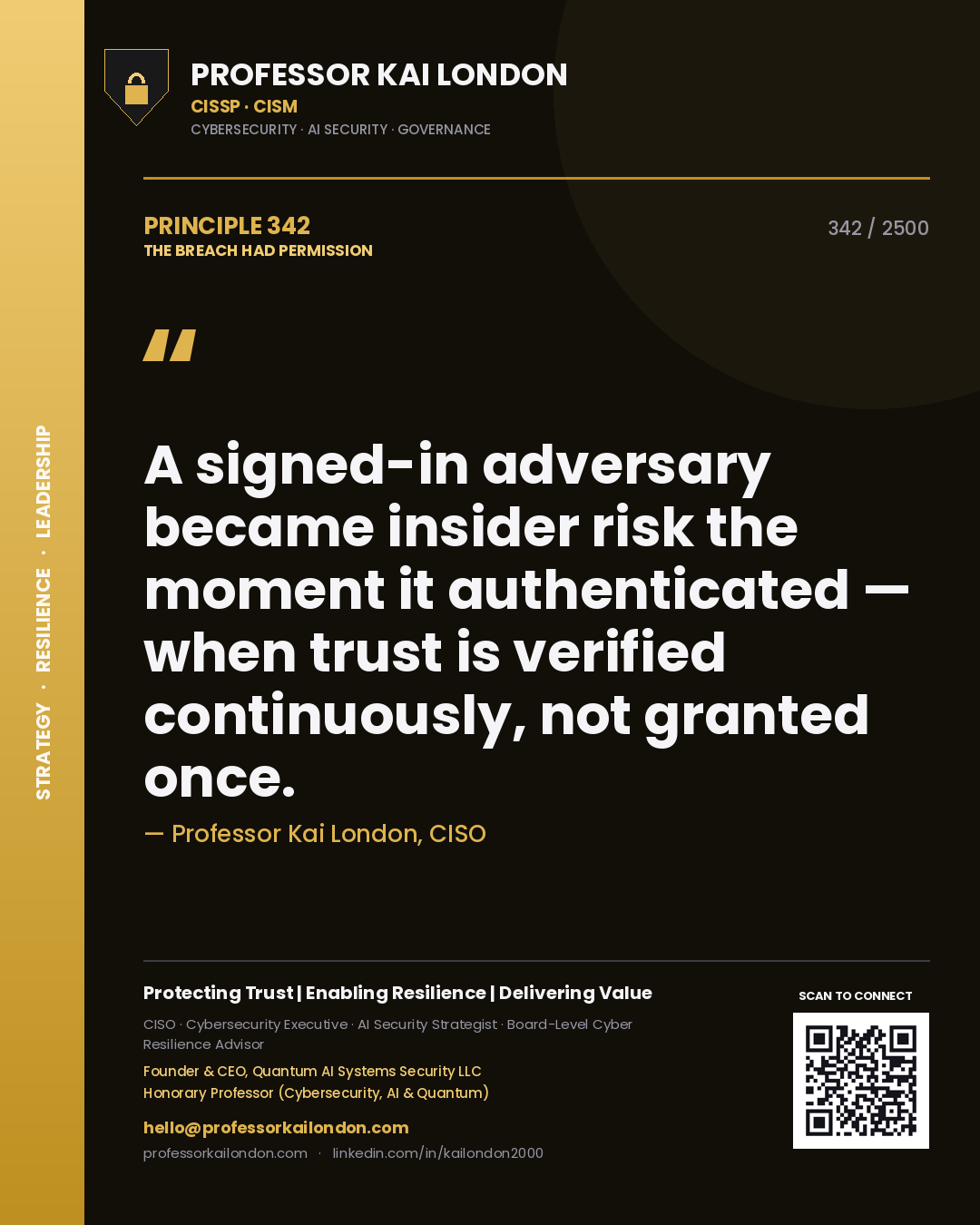 Quote card by Professor Kai London reading 'A signed-in adversary became insider risk the moment it authenticated — when trust is verified continuously, not granted once.'. From the book The Breach Had Permission.