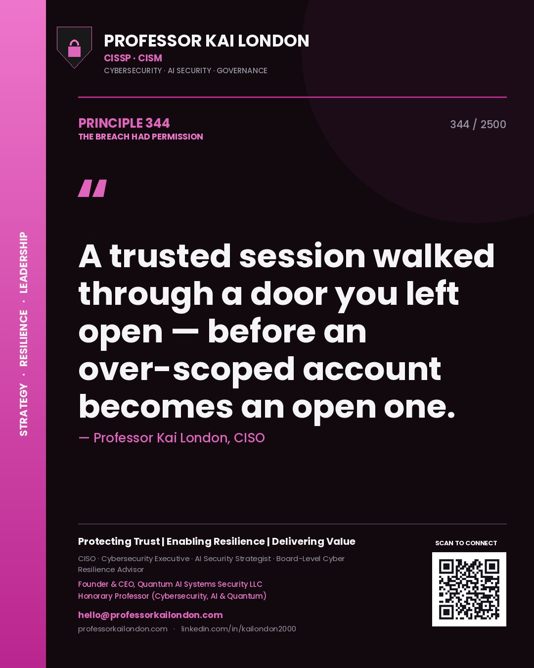Quote card by Professor Kai London reading 'A trusted session walked through a door you left open — before an over-scoped account becomes an open one.'. From the book The Breach Had Permission.