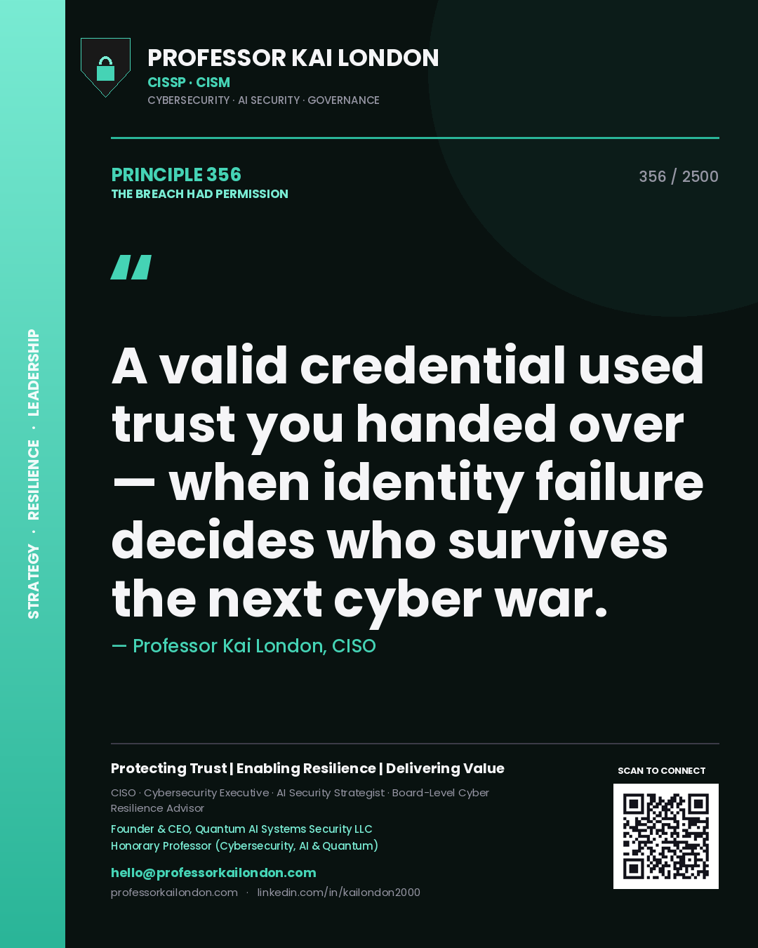 Quote card by Professor Kai London reading 'A valid credential used trust you handed over — when identity failure decides who survives the next cyber war.'. From the book The Breach Had Permission.