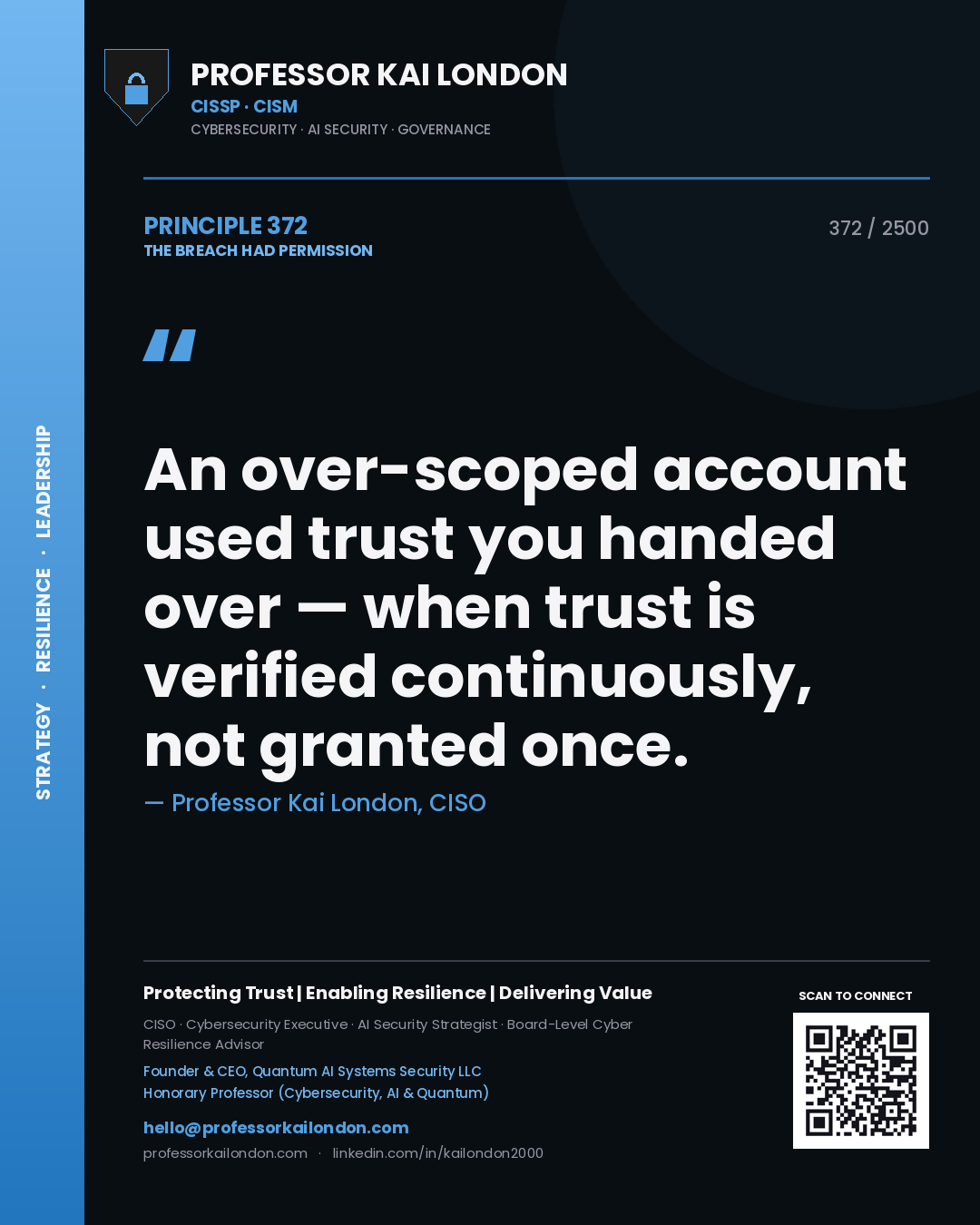 Professor Kai London principle 372: An over-scoped account used trust you handed over — when trust is verified continuously, not granted once.