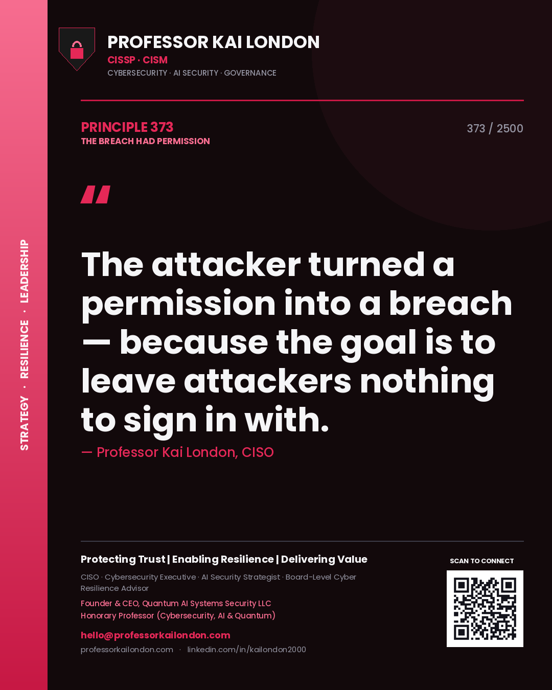 Professor Kai London principle 373: The attacker turned a permission into a breach — because the goal is to leave attackers nothing to sign in with.