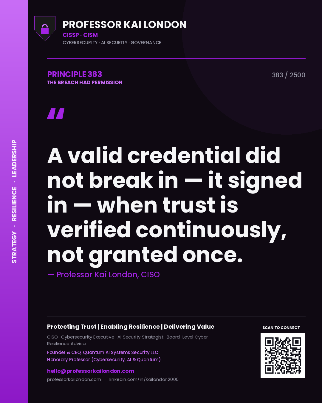 Professor Kai London principle 383: A valid credential did not break in — it signed in — when trust is verified continuously, not granted once.
