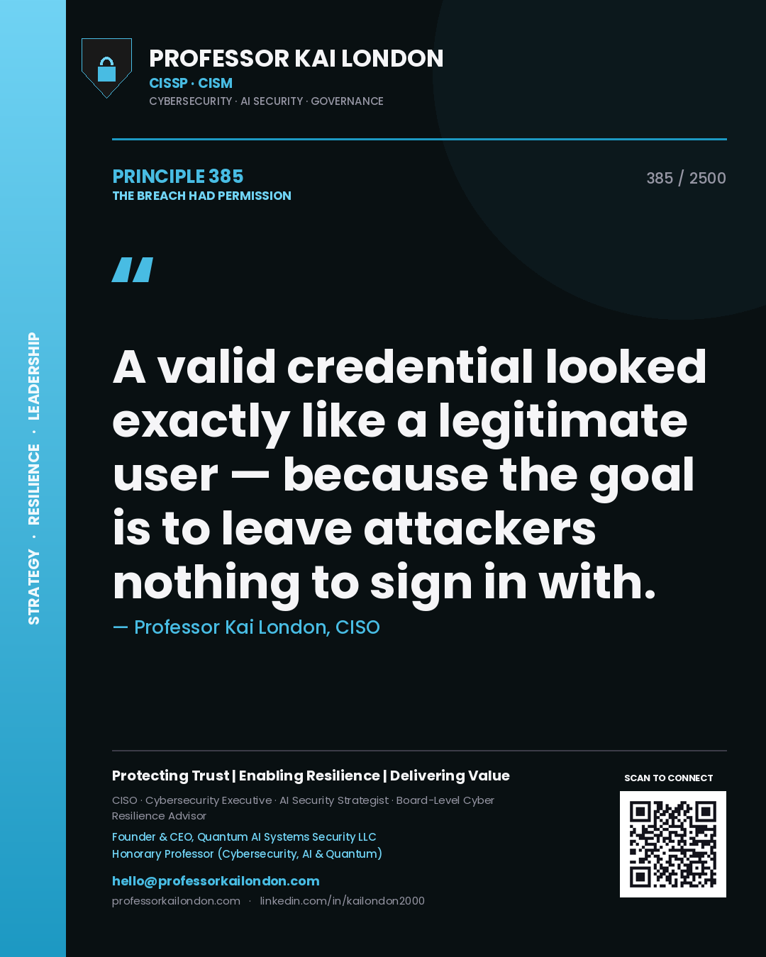 Quote card by Professor Kai London reading 'A valid credential looked exactly like a legitimate user — because the goal is to leave attackers nothing to sign in with.'. From the book The Breach Had Permission.