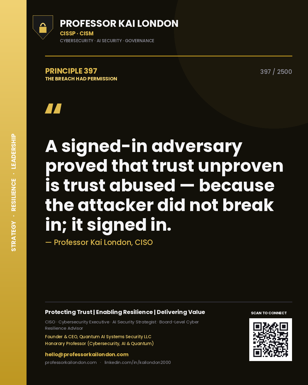 Quote card by Professor Kai London reading 'A signed-in adversary proved that trust unproven is trust abused — because the attacker did not break in; it signed in.'. From the book The Breach Had Permission.