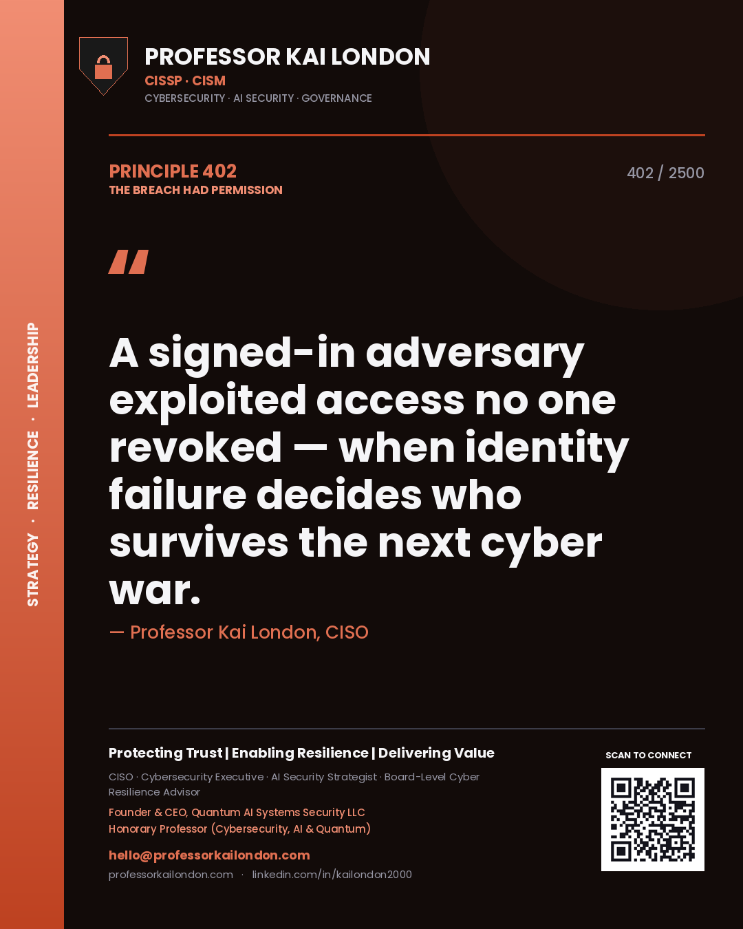 Quote card by Professor Kai London reading 'A signed-in adversary exploited access no one revoked — when identity failure decides who survives the next cyber war.'. From the book The Breach Had Permission.