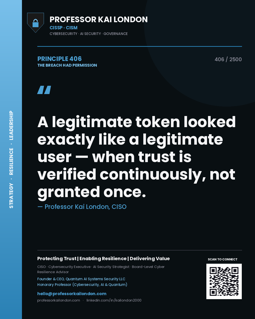Professor Kai London principle 406: A legitimate token looked exactly like a legitimate user — when trust is verified continuously, not granted once.
