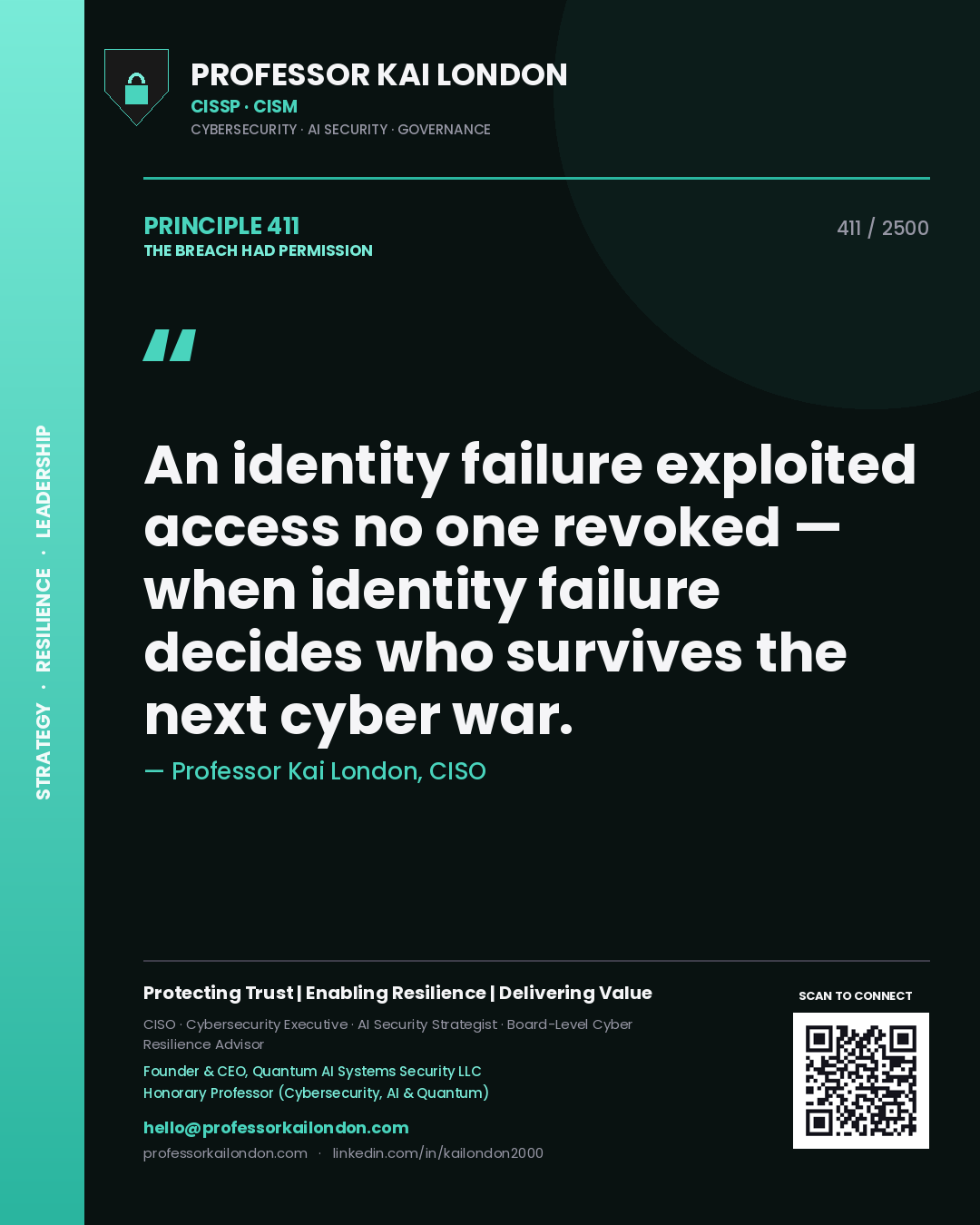 Quote card by Professor Kai London reading 'An identity failure exploited access no one revoked — when identity failure decides who survives the next cyber war.'. From the book The Breach Had Permission.