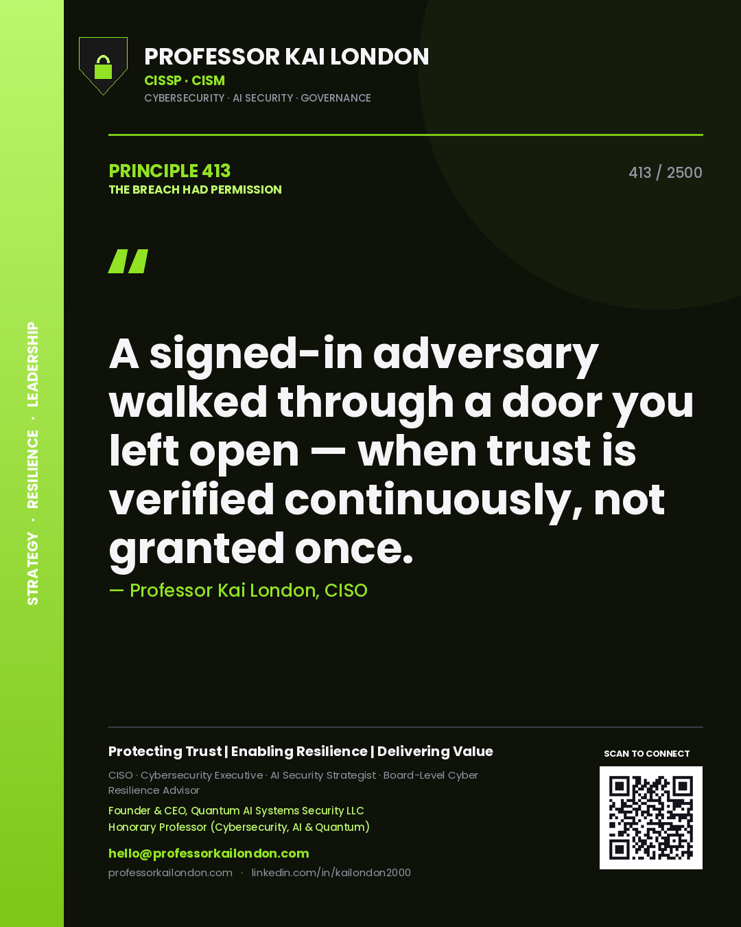 Quote card by Professor Kai London reading 'A signed-in adversary walked through a door you left open — when trust is verified continuously, not granted once.'. From the book The Breach Had Permission.