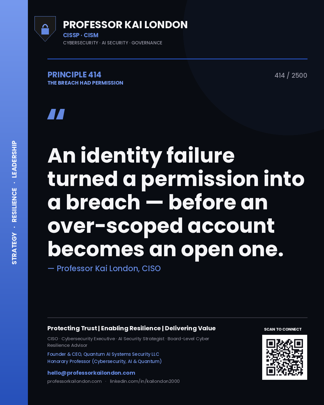Quote card by Professor Kai London reading 'An identity failure turned a permission into a breach — before an over-scoped account becomes an open one.'. From the book The Breach Had Permission.