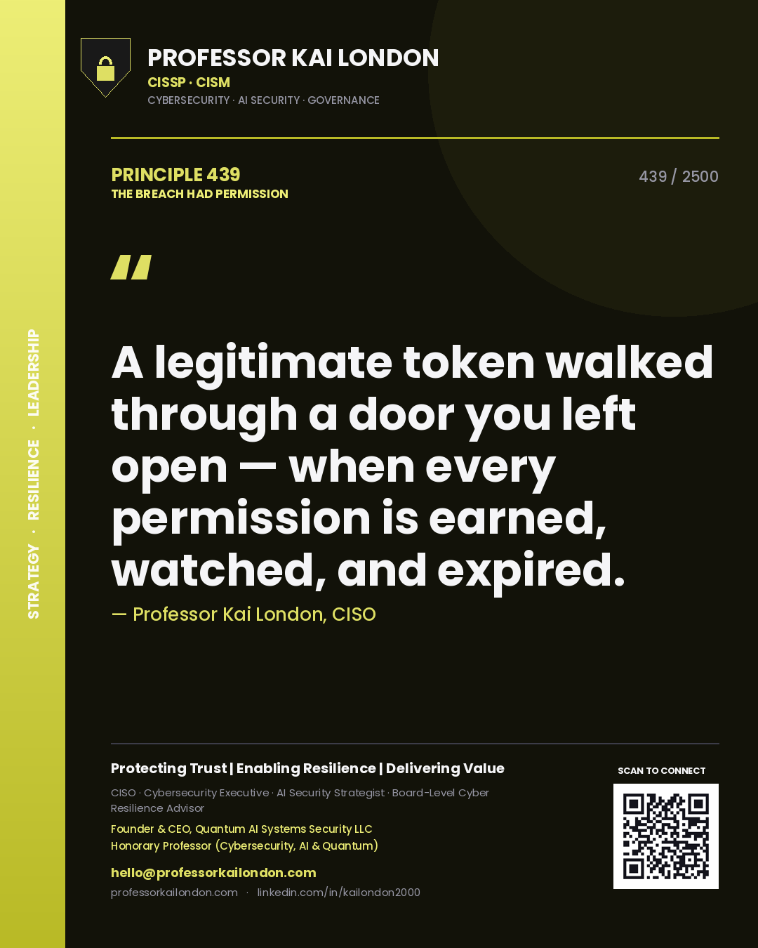Professor Kai London principle 439: A legitimate token walked through a door you left open — when every permission is earned, watched, and expired.
