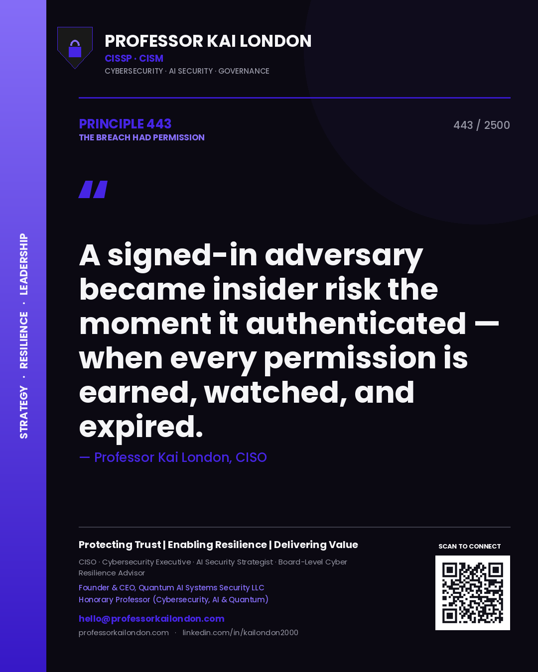 Professor Kai London principle 443: A signed-in adversary became insider risk the moment it authenticated — when every permission is earned, watched, and expired.