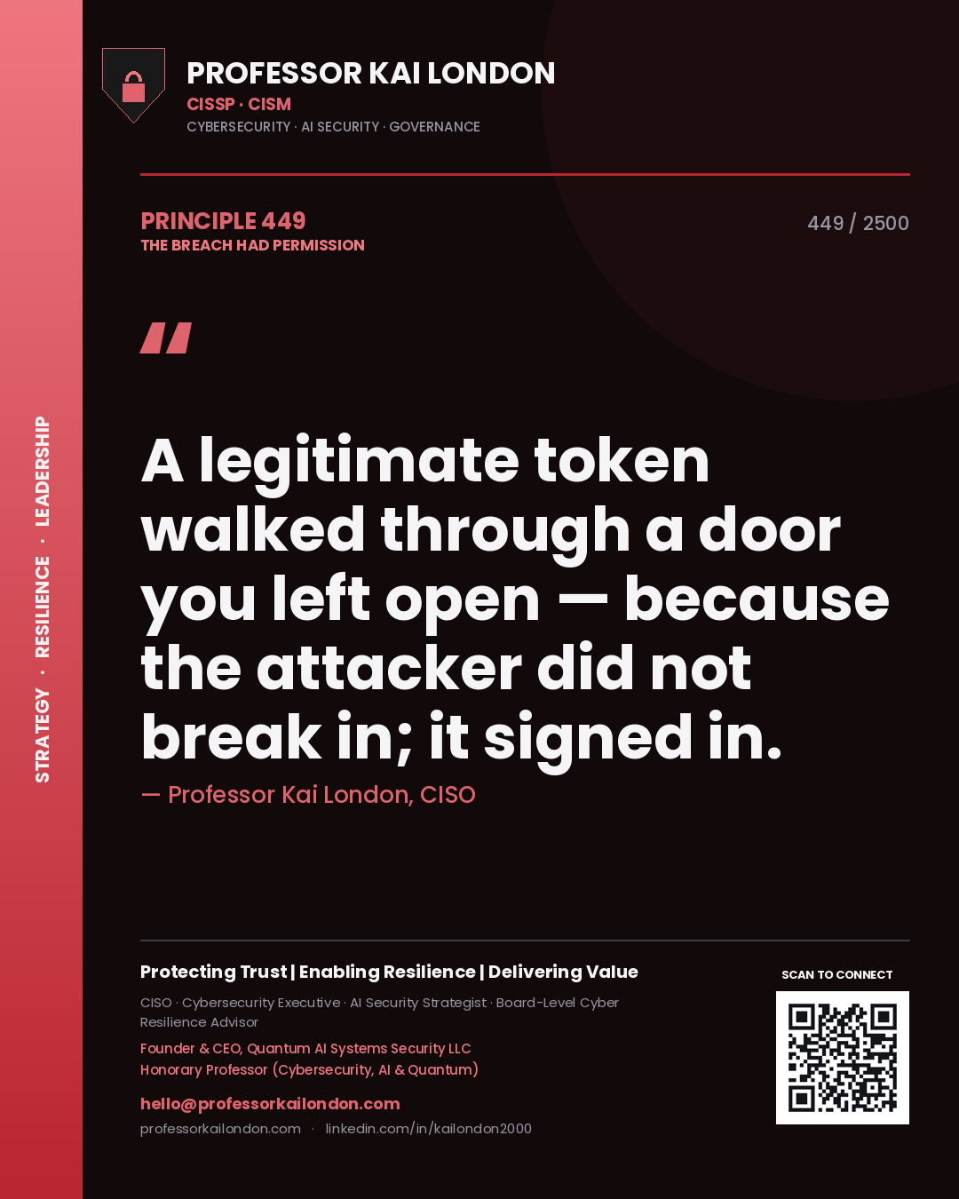 Quote card by Professor Kai London reading 'A legitimate token walked through a door you left open — because the attacker did not break in; it signed in.'. From the book The Breach Had Permission.