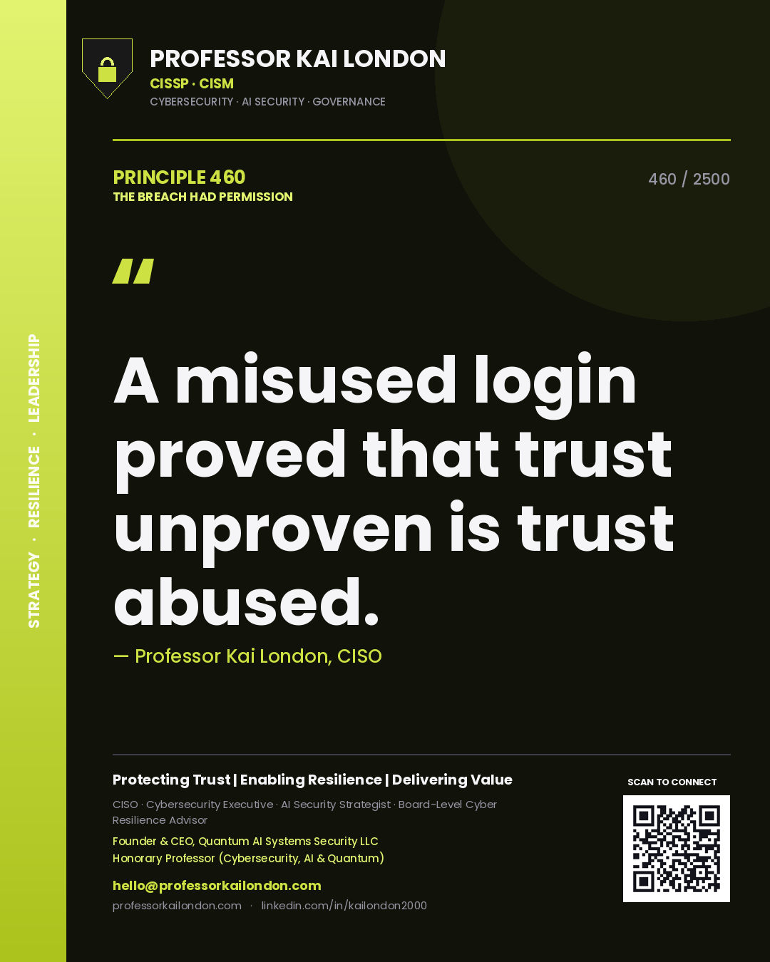 Professor Kai London principle 460: A misused login proved that trust unproven is trust abused.