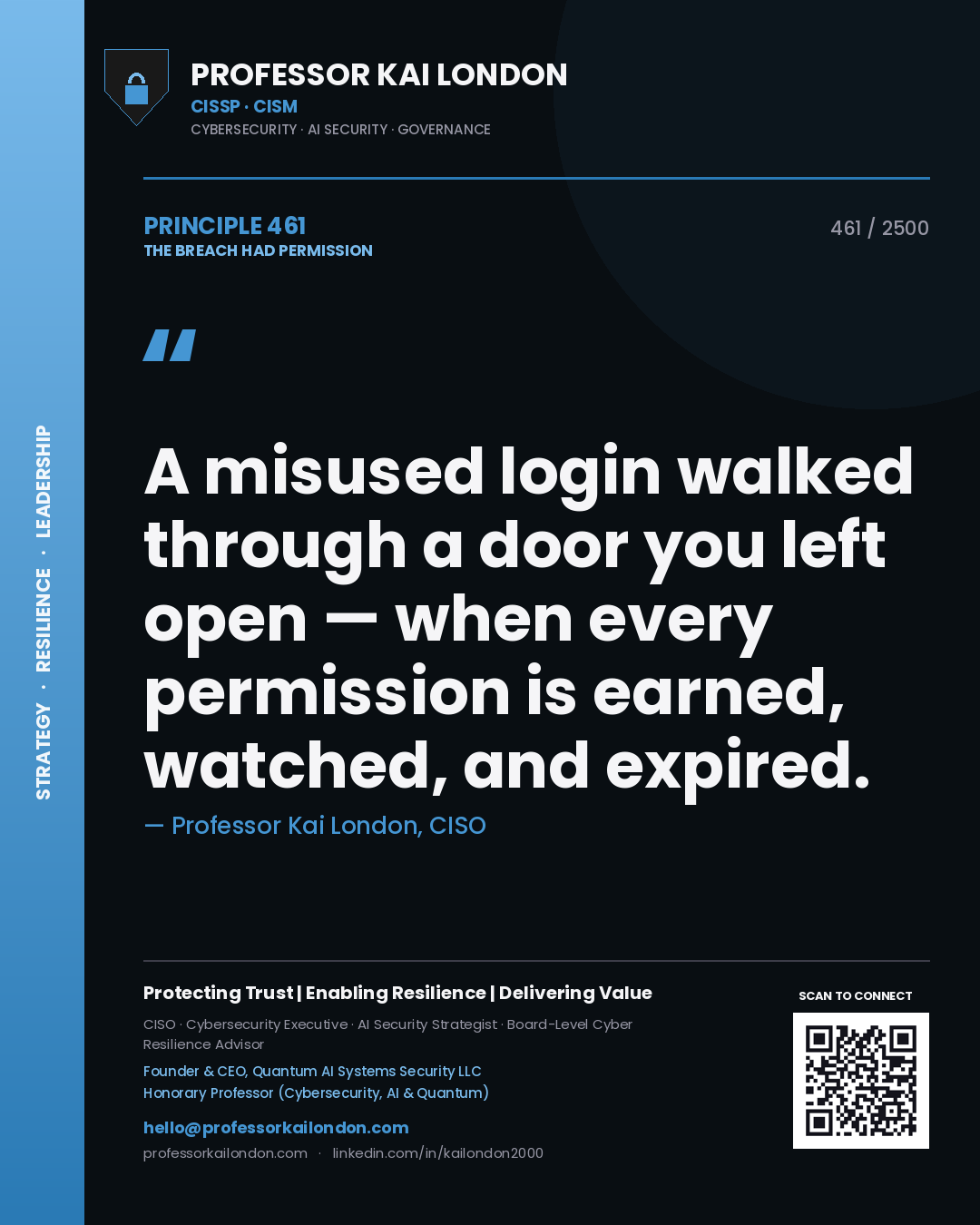 Professor Kai London principle 461: A misused login walked through a door you left open — when every permission is earned, watched, and expired.