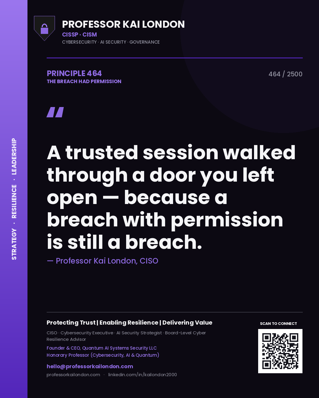 Professor Kai London principle 464: A trusted session walked through a door you left open — because a breach with permission is still a breach.