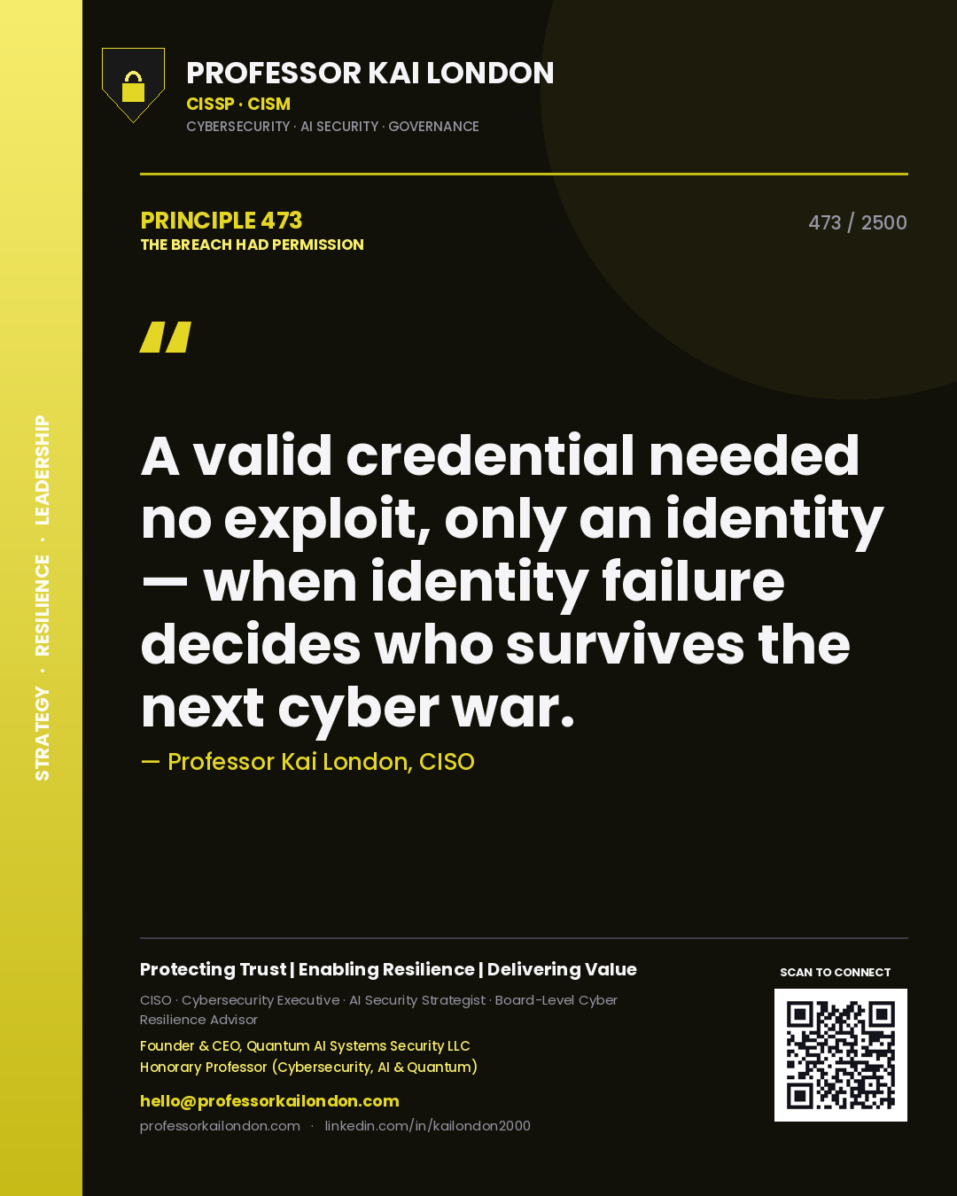 Professor Kai London principle 473: A valid credential needed no exploit, only an identity — when identity failure decides who survives the next cyber war.