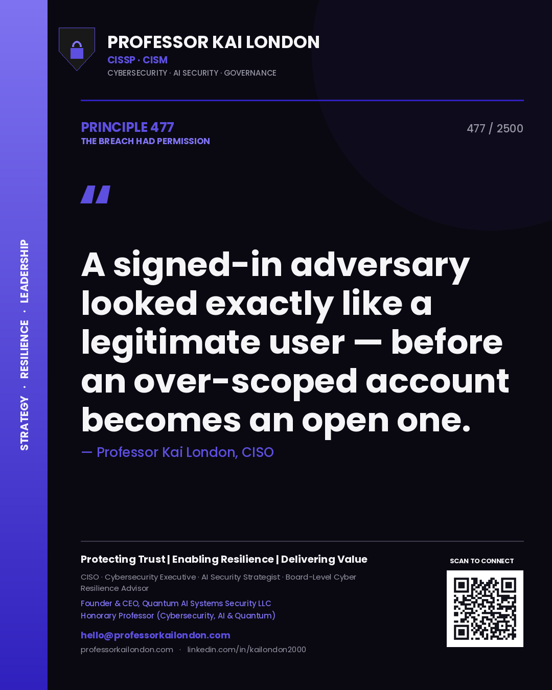 Professor Kai London principle 477: A signed-in adversary looked exactly like a legitimate user — before an over-scoped account becomes an open one.