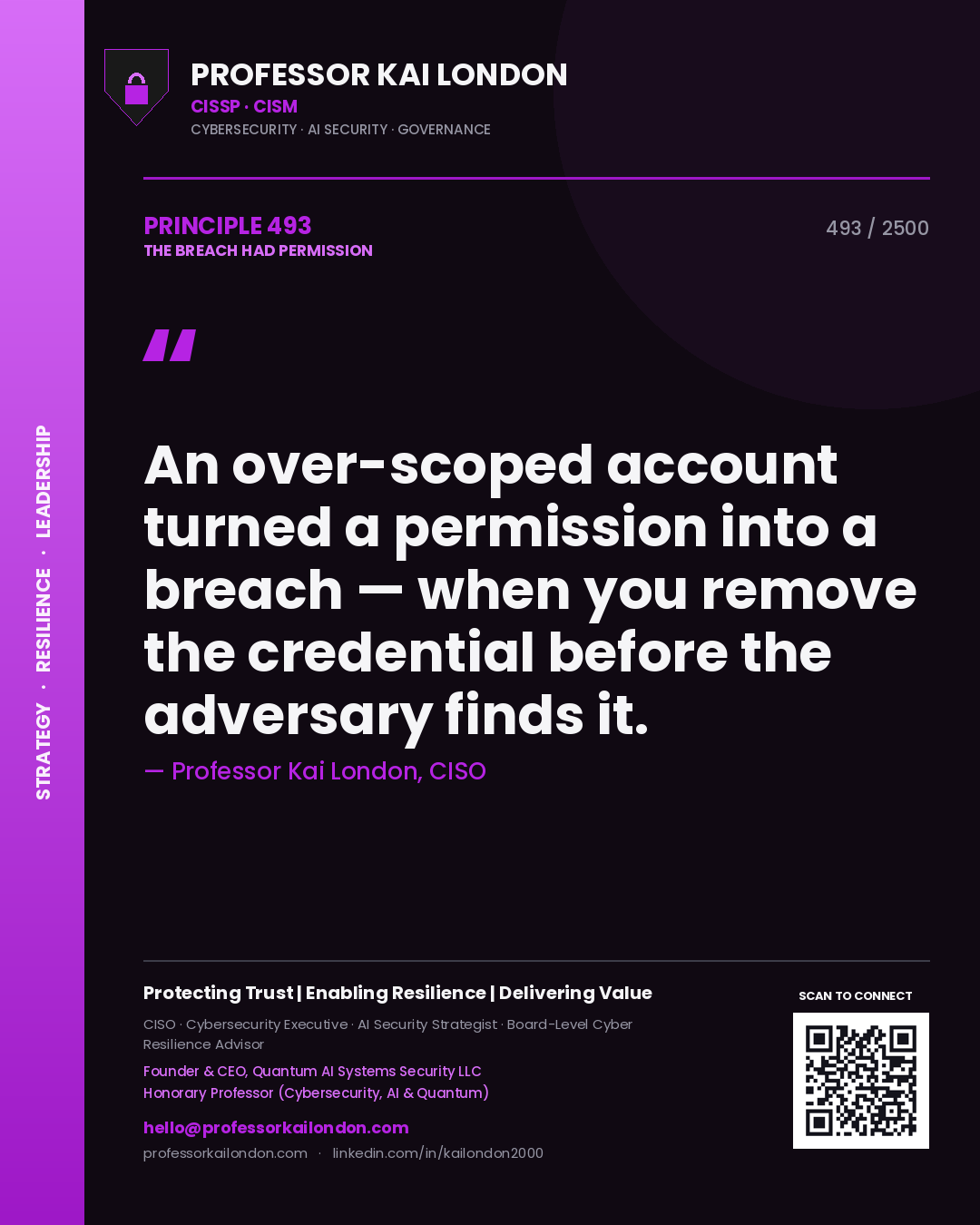 Professor Kai London principle 493: An over-scoped account turned a permission into a breach — when you remove the credential before the adversary finds it.