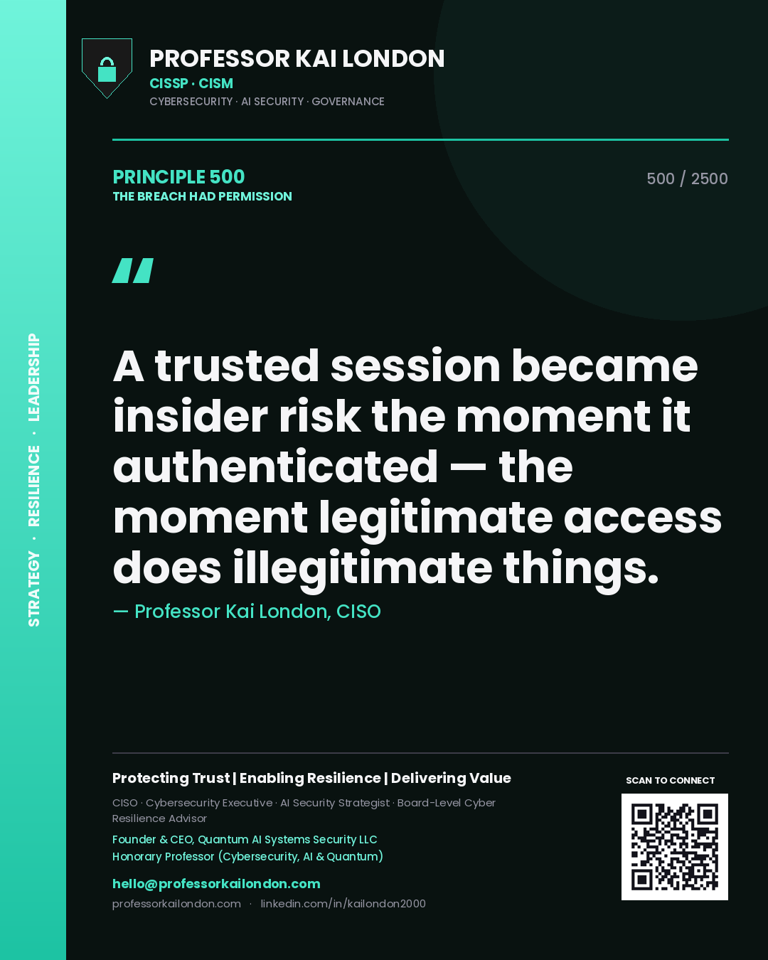 Professor Kai London principle 500: A trusted session became insider risk the moment it authenticated — the moment legitimate access does illegitimate things.