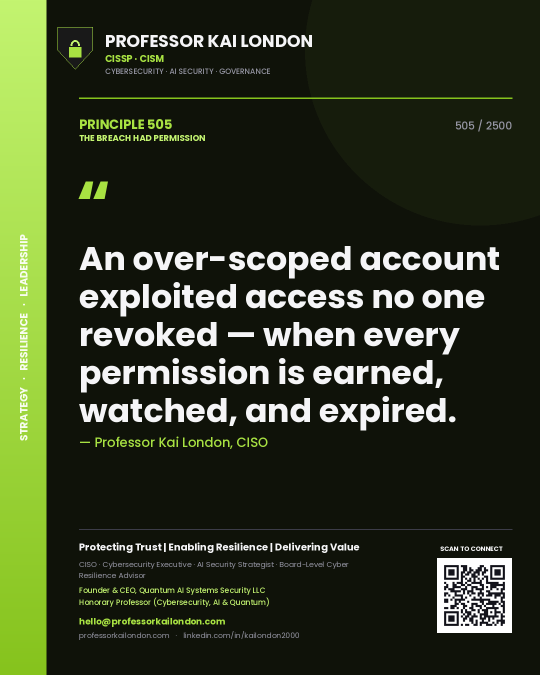 Professor Kai London principle 505: An over-scoped account exploited access no one revoked — when every permission is earned, watched, and expired.