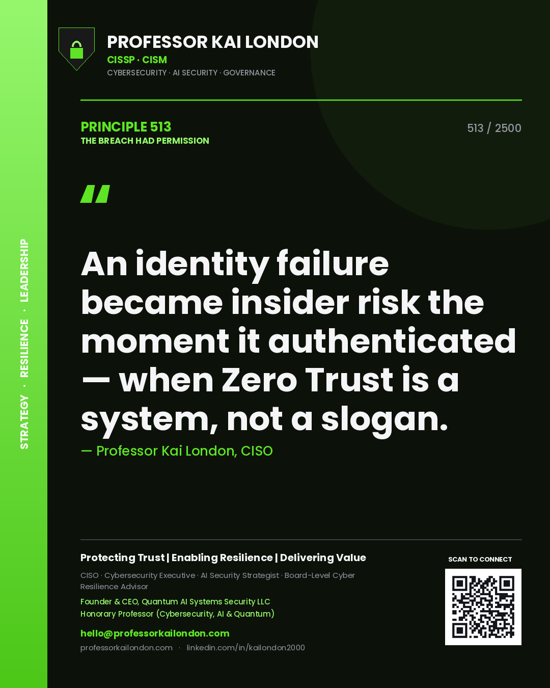 Professor Kai London principle 513: An identity failure became insider risk the moment it authenticated — when Zero Trust is a system, not a slogan.