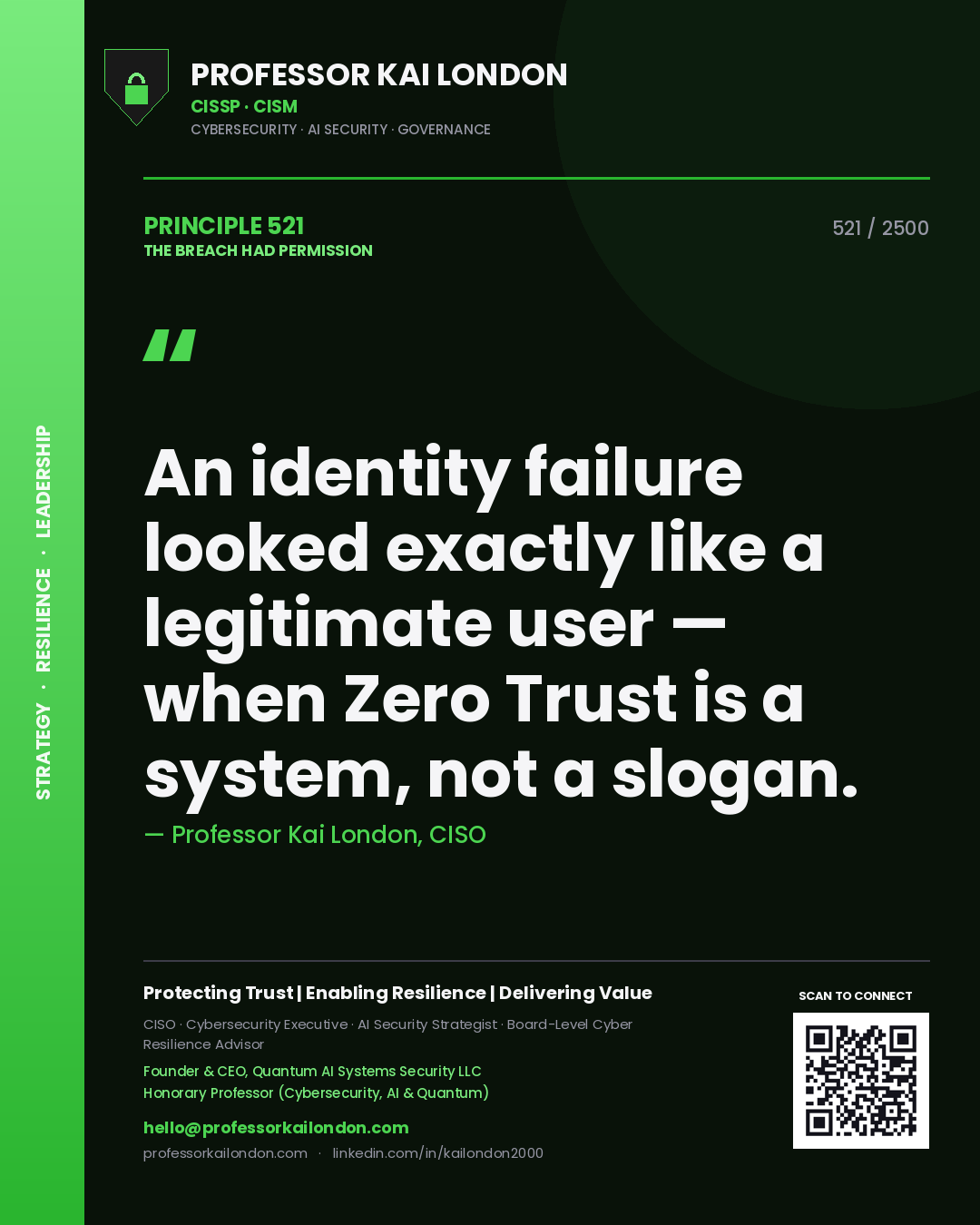 Professor Kai London principle 521: An identity failure looked exactly like a legitimate user — when Zero Trust is a system, not a slogan.