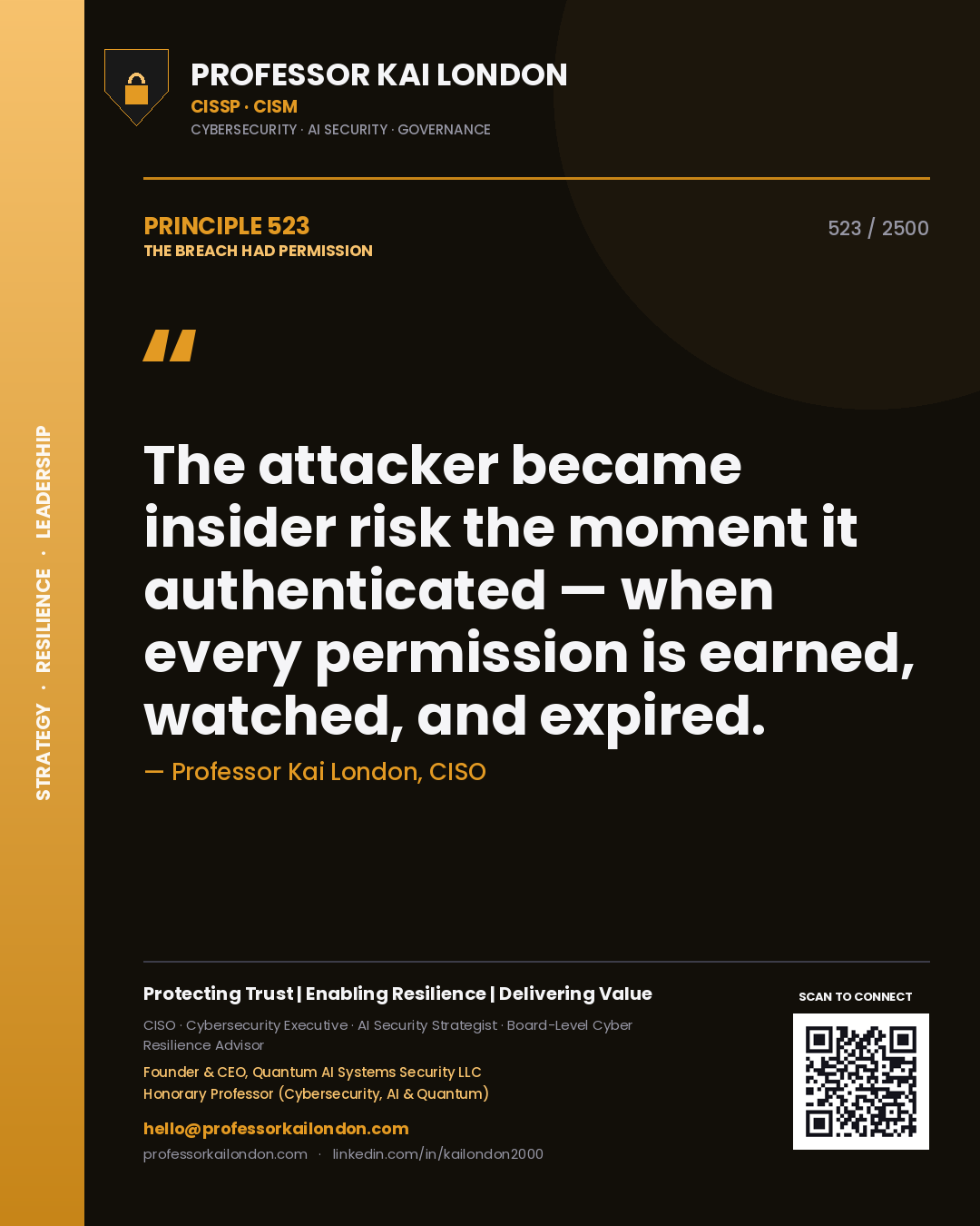 Professor Kai London principle 523: The attacker became insider risk the moment it authenticated — when every permission is earned, watched, and expired.